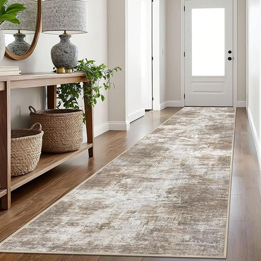 IOHOUZE Abstract Runner Rug 3x16 Ft Long Washable Runners for Hallways, Non Slip Kitchen Runner Printed Faux Wool Entryway Runner Indoor, Modern Abstract Floor Carpet for Hall Stair, Beige Brown