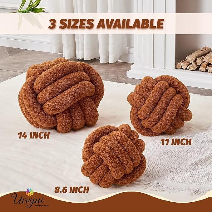 Uvvyui Knot Pillow Ball, Soft Home Decorative Pillows, Round Throw Pillow, Handmade Knotted Plush Pillow, Round Boucle Pillow Cushion (11 Inches Caramel)