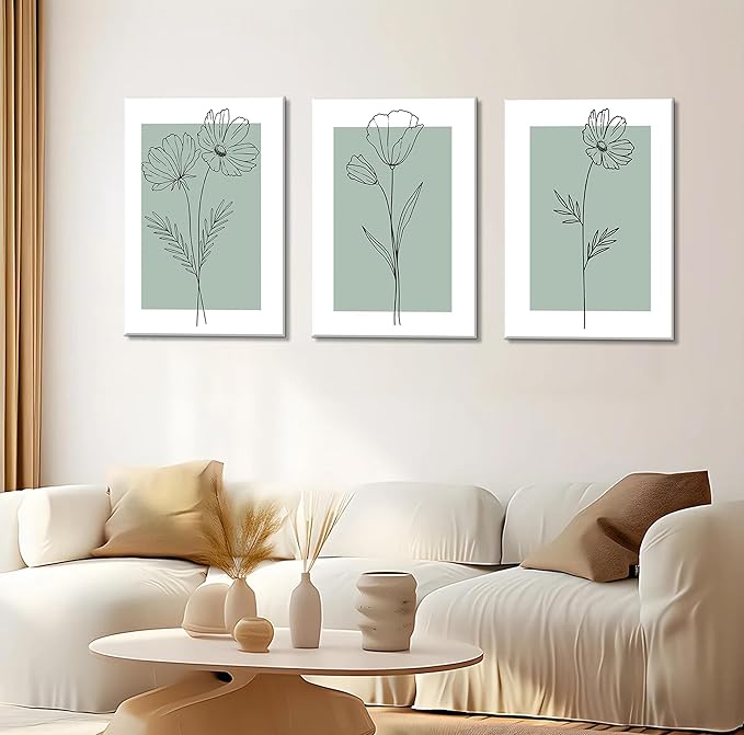 3 Line Flower Canvas Wall Art - Minimalist Botanical Flower Paintings for Living Room, Bedroom, Bathroom Decor