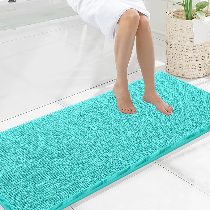Smiry Luxury Chenille Bathroom Rugs 59x20, Extra Soft and Absorbent Shaggy Bath Mat, Machine Washable, Non-Slip Plush Carpet Runner for Tub, Shower, and Floor, Home Decor Accessories, Turquoise