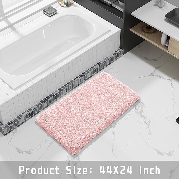 Yimobra Luxury Bathroom Rugs, Fluffy Bath Mats, Non Slip, Water Absorbent Microfiber, Machine Washable, Plush Carpet Shower Rugs, Thick Matts for Bathroom Floor&Tub, 44"x 24", Light Pink and White