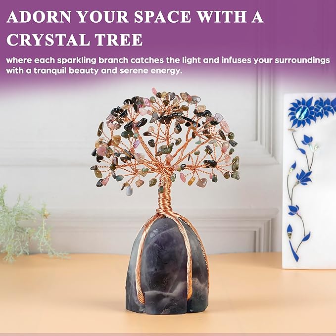 Multi Tourmaline Crystal Tree with Fluorite Rough Base Tree of Life Decor for Shelf, Bedroom, Birthday Gifts for Women, Sister Gifts, Birthday Gifts for Mom, Cute Home Decor Purple Decor Present