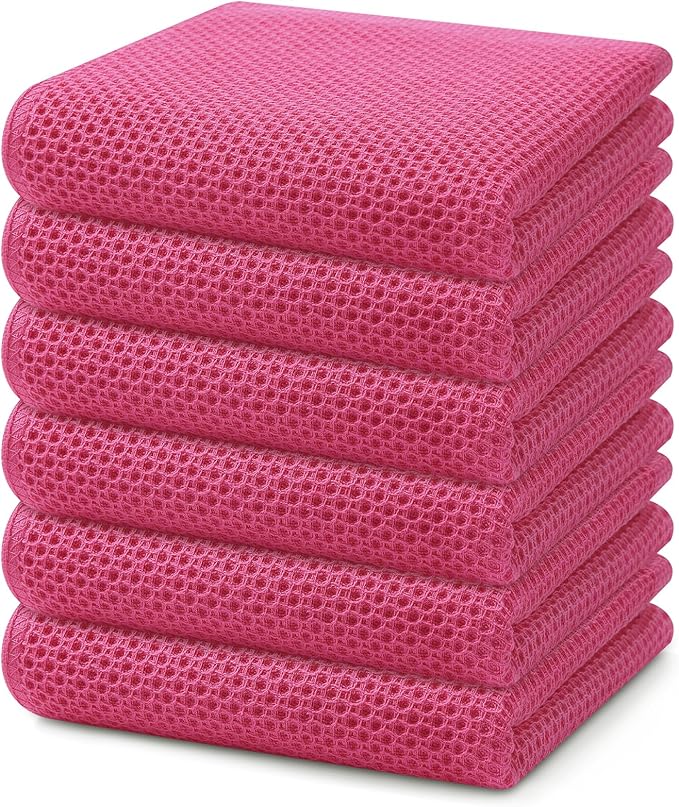 Homaxy 100% Cotton Waffle Weave Kitchen Dish Towels, Ultra Soft Absorbent Quick Drying Cleaning Towel, 13 x 28 Inches, 6-Pack, Hot Pink