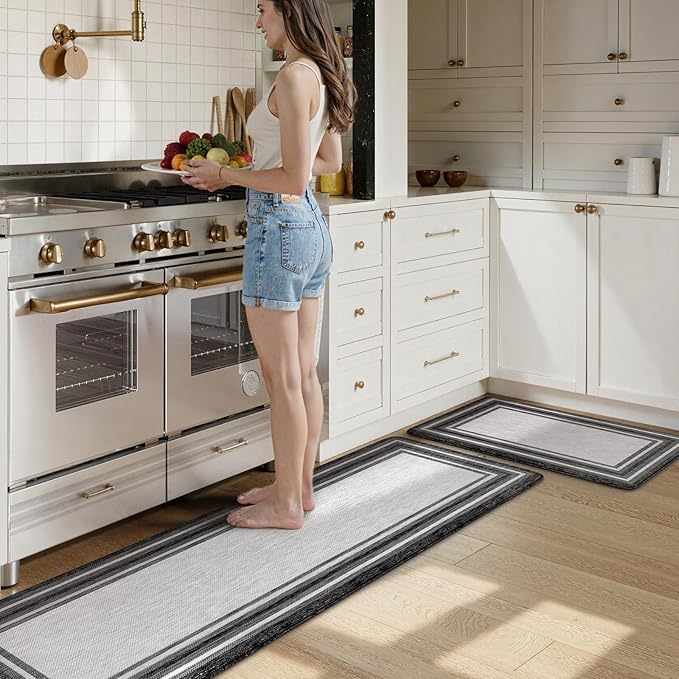 KIMODE Anti Fatigue Kitchen Mats for Floor 20"x59"+20"x32", Farmhouse Kitchen Rugs Sets of 2, Cushioned Non Slip Kitchen Mats for Floor, Comfort Kitchen Floor Mats for Sink Laundry Desk Black