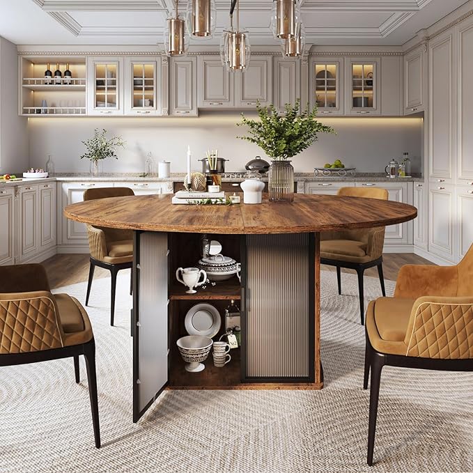 IBF Round Dining Table with Fridge Space, Wood Kitchen Table with Storage Shelf, Rustic Circle Dining Room Tables for 4, Farmhouse Circular Dinner Tables for Home, Rustic Brown, 47 Inch, Only Table
