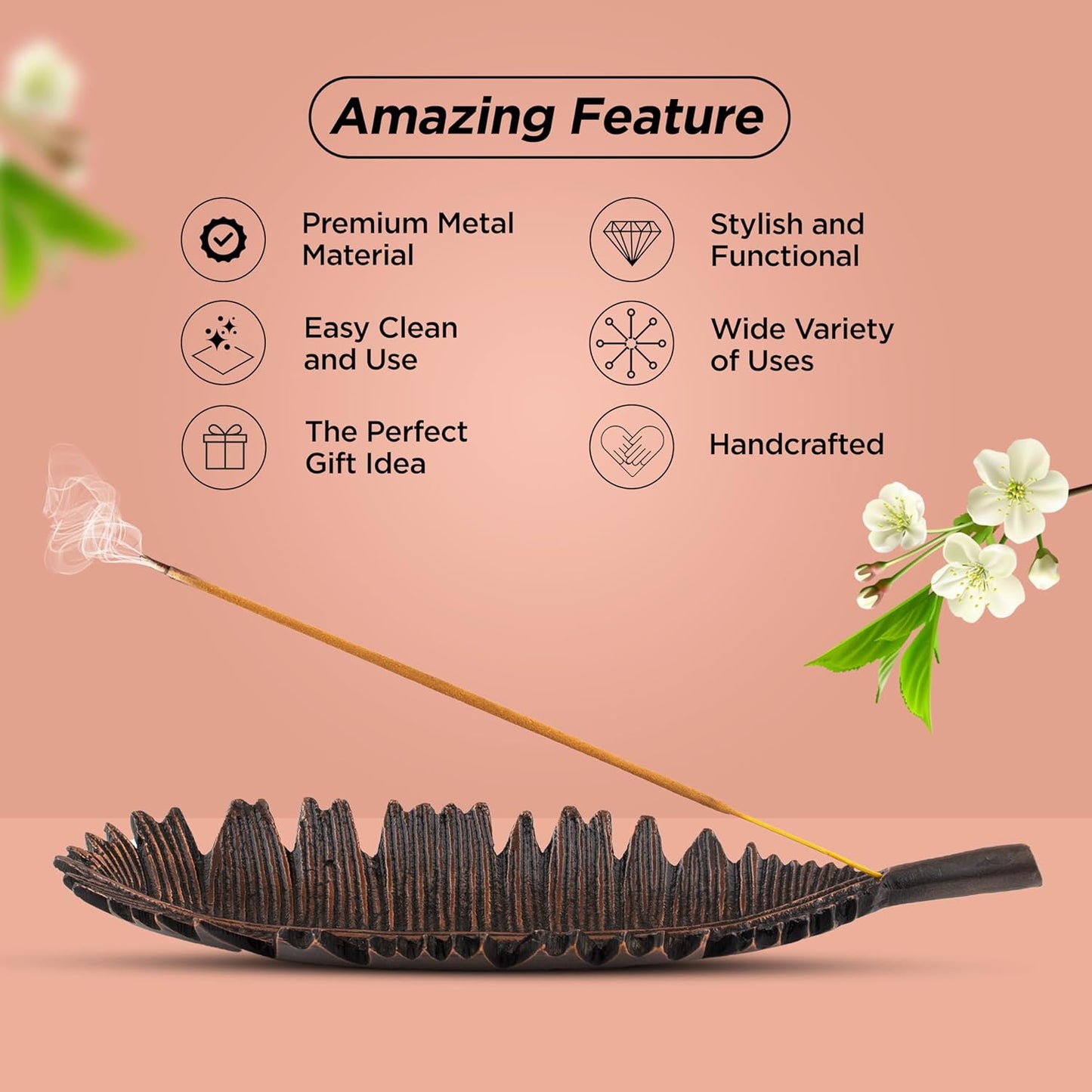 Raajsee Incense Holder Set With Nag Champa Sticks 15gm, Leaf Stick Burner, Brass Burner, Modern Holder for Yoga, Meditation, Home Decor - Size 10x4 Inches Copper