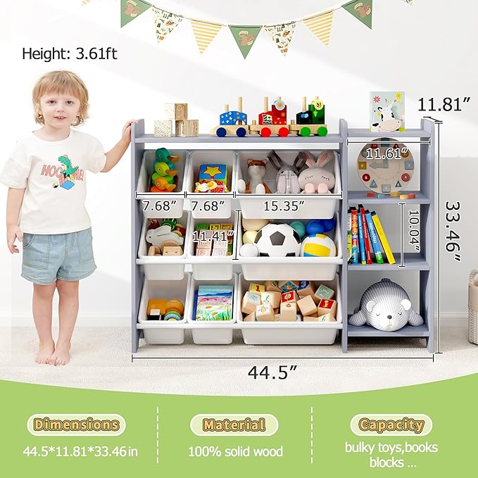 MallBest 4-Tier Kids' Toy Storage Organizer Shelf - 100% Solid Wood,Children's Storage Cabinet with 9 Plastic Bins and 3 Storage Ports(Grey-Single Color)