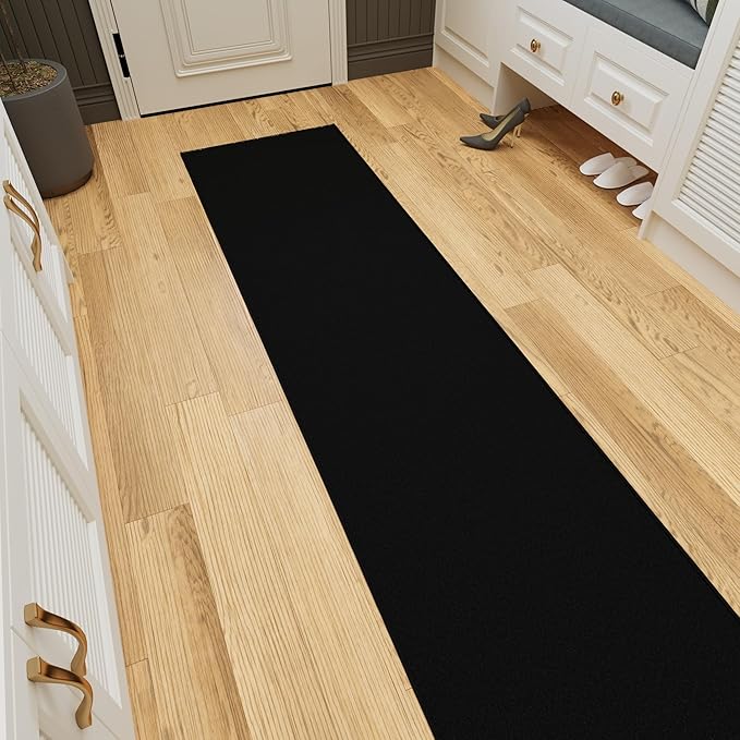 Ottomanson 2x22 Non Slip Extra Long Hallway Runner Rug with Rubber Backing - Solid Modern Kitchen Rug for Bedroom or Living Room, Black, 2' x 22'