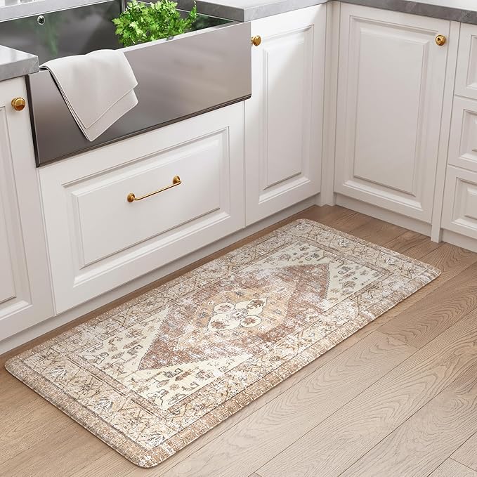 KIMODE Kitchen Mats Cushioned Anti Fatigue, 20"x39" Farmhouse Kitchen Rug, Non Slip Kitchen Mats for Floor, Padded Kitchen Floor Mats, Standing Desk Mat for Sink, Laundry, Desk Khaki