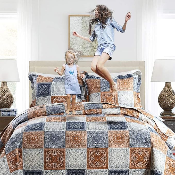 NEWLAKE Quilt Bedspread Sets-Color Block Pattern Reversible Coverlet Set,Queen Size