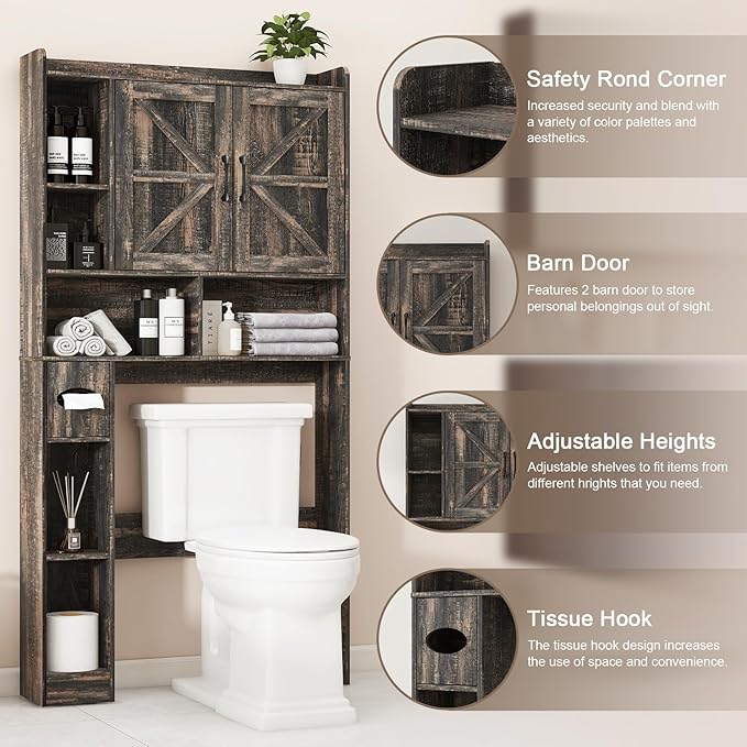 Over The Toilet Storage Cabinet, Farmhouse Storage Cabinet Over Toilet with 2 Barn Doors & Toilet Paper Holder Stand，Home Space-Saving Toilet Rack, for Bathroom, Restroom, Laundry