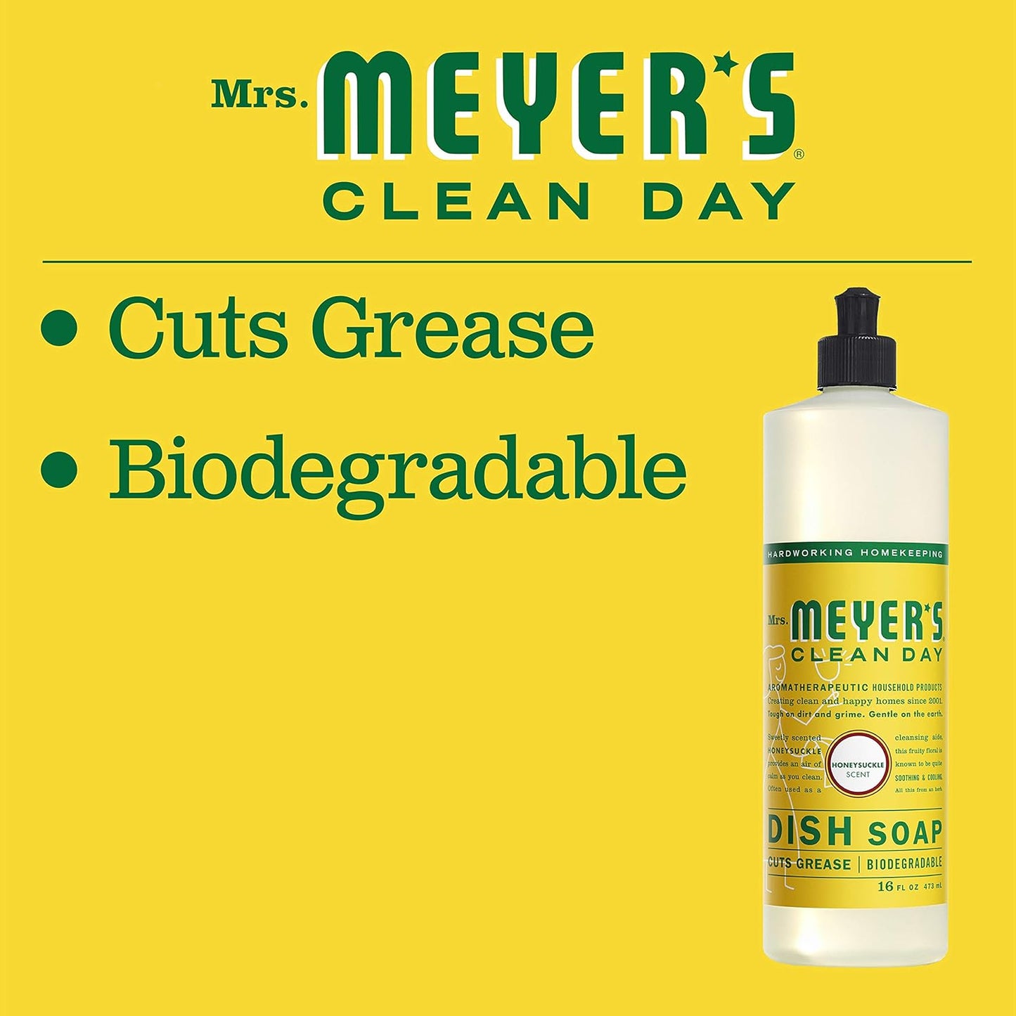 MRS. MEYER'S CLEAN DAY Liquid Dish Soap, Cruelty Free Formula, Honeysuckle Scent, 16 oz- Pack of 6