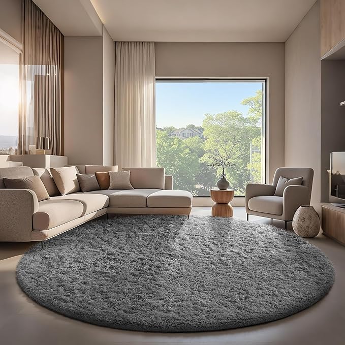 Ophanie Round Rugs 8Ft Grey Circle Area Rug, Fluffy Fuzzy Bedroom Carpet, Plush Soft Shaggy Indoor Floor Gray Living Room Rugs for Kids Home Decor Aesthetic, Nursery