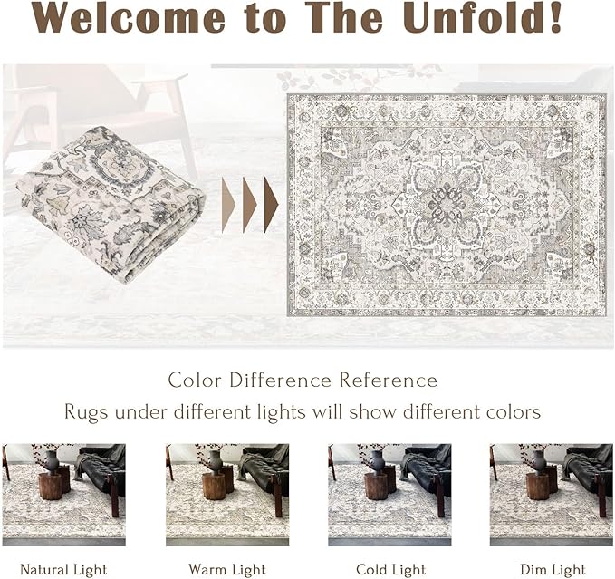 6x9 Area Rug for Living Room - Large Oriental Washable Rugs for Bedroom Non-Slip Cream Stain Resistant Dining Room Rug Farmhouse Low-Pile Carpet Soft Vintage Rug for Office Guest Room