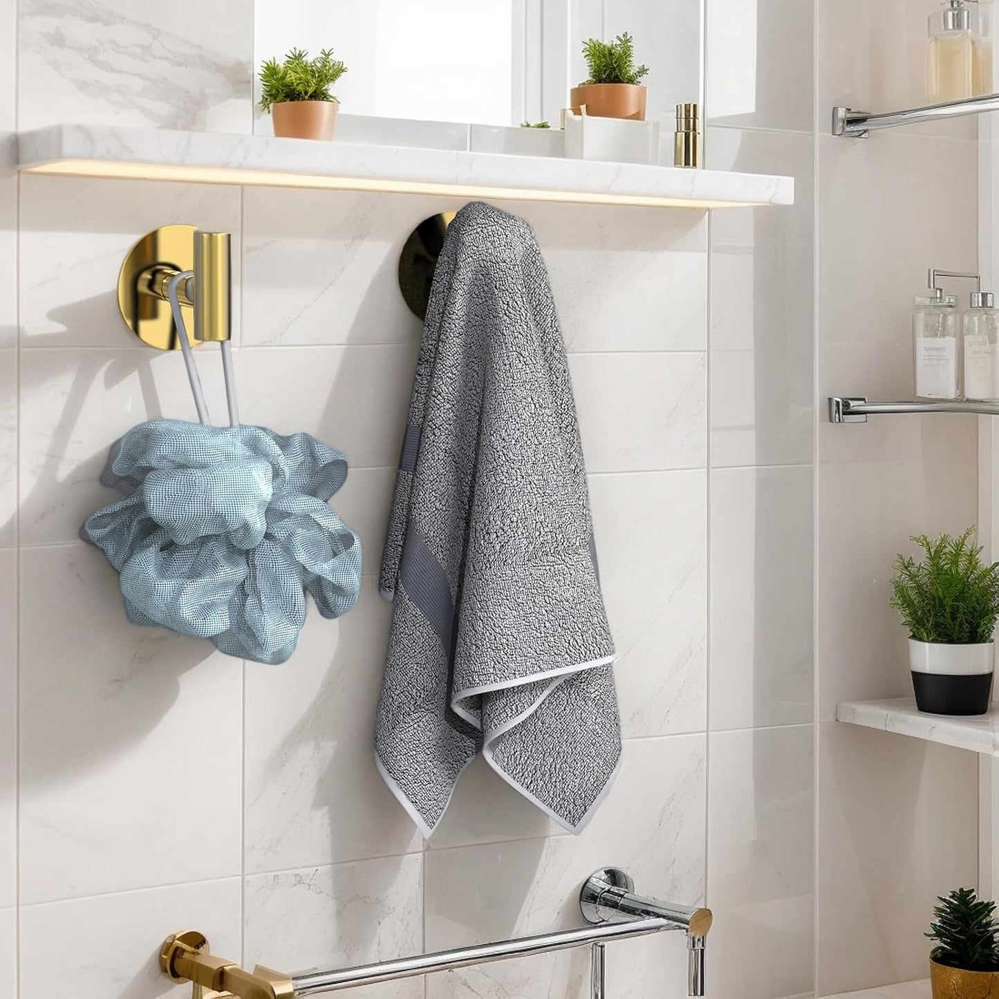 Gold Stainless Steel Wall Hooks, Heavy Duty Self-Adhesive Hooks for Coats, Towels, Robes, Hats, Aprons – No Drill Bathroom, Kitchen, Hotel (2 Pack)