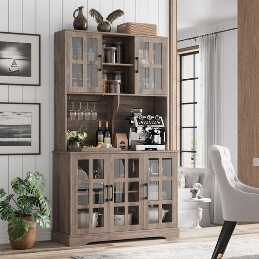 Keyluv Kitchen Pantry Storage Cabinet 71" Tall Freestanding Pantry Cabinet, Farmhouse Glass Door Buffet with Oven Countertop, Large Wood Hutch for Kitchen, Living Room and Dining Room, Rustic