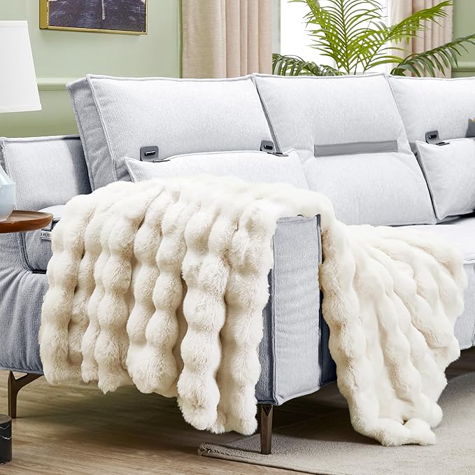 JONIYEAR Soft Fuzzy Oversized Bubble Faux Rabbit Fur Throw Blanket 60" x 70", Reversible Thick Warm Fluffy Blanket for Winter, Luxury Cozy Puffy Shaggy Furry Blankets for Bed, Twin Size, Cream White