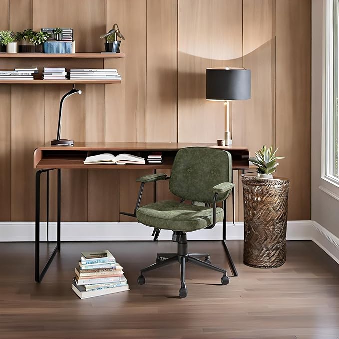 LukeAlon Adjustable Pu Leather Tiltable Office Chair, Comfy 360°Swivel Task Chair with Armrest Modern Thickened Seat Desk Chair with Button Tufted for Home Office, Green
