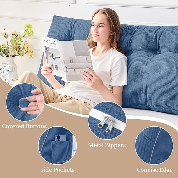 Sasttie Headboard Pillow Queen, Triangular Wedge Pillow Headboard, Wedge Headboard Pillow for Bed Sofa, Daybed Pillows for Sitting up, Reading or Working with Removable Cover, Blue