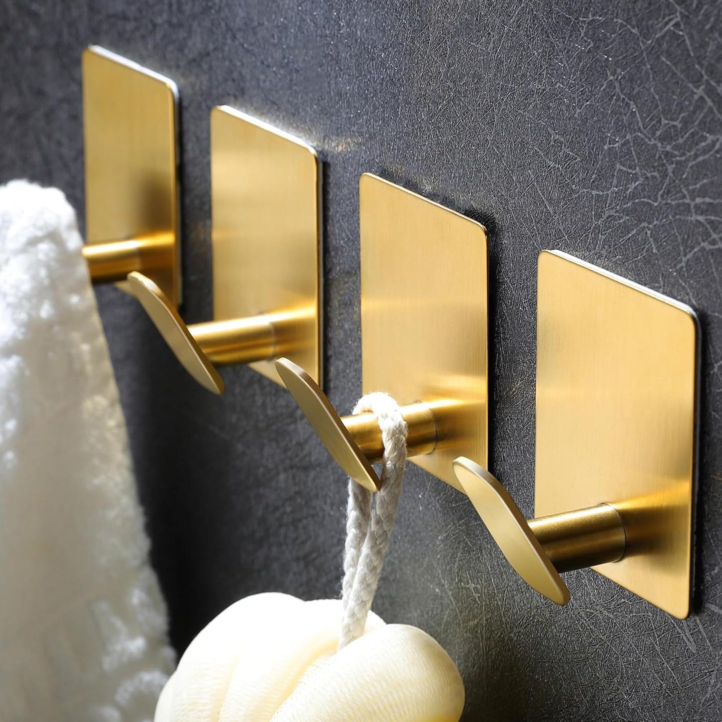DELITON Gold Towel Hooks- 4 Pack Adhesive Hook for Coat Robe Clothes Stick on Bathroom Wall Brushed Gold Finish Heavy Duty, Stainless Steel