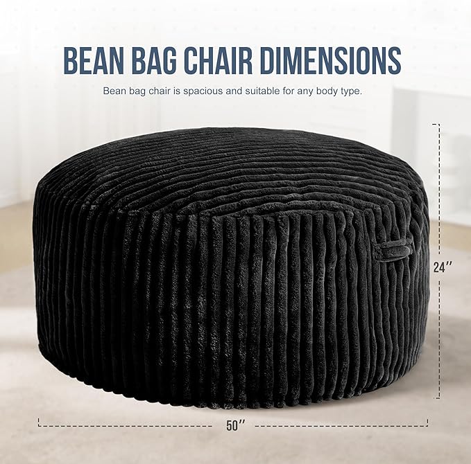 Hobestluk 5ft Bean Bag Chairs for Adults Large Beanbag Chair with Stripe Plush Cover Big Bean Bag Chair for Living Room Bedroom Dorm Office -Black (50” x 50” x 24”)