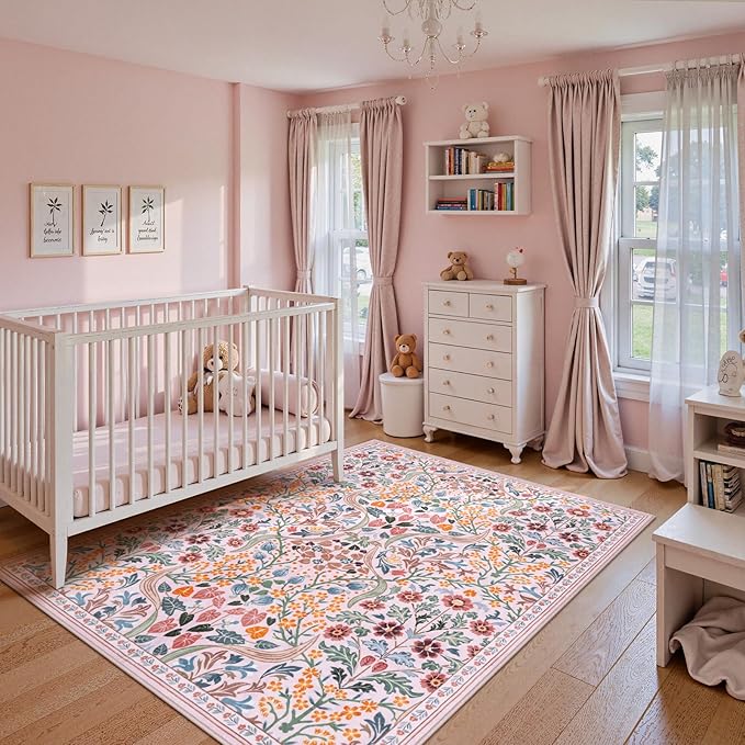 Lahome Floral Pink Boho Rugs for Classroom, 5x7 Washable Flower Dorm Rug for Bedroom Girls, Non Slip Plant Botanical Carpet for Nursery Living Room Kids Room, Soft Non Shedding Easy to Clean Carpets