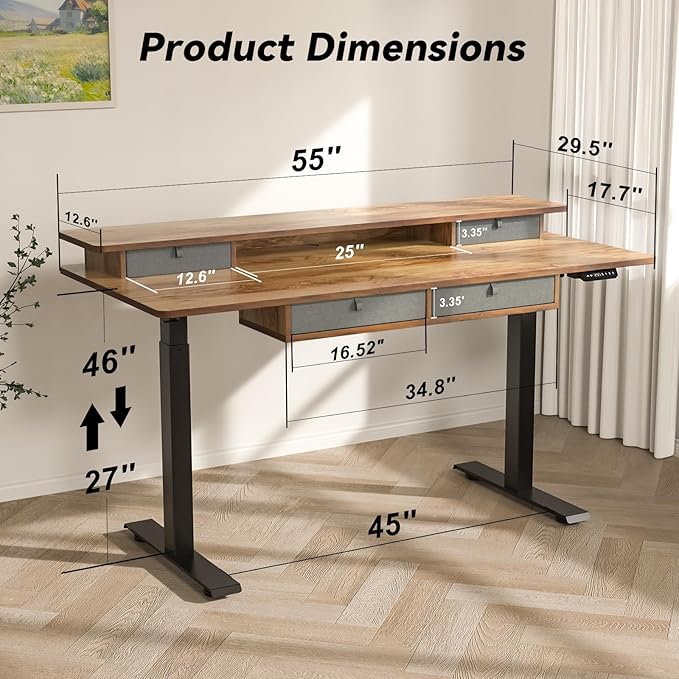 Adjustable Height Standing Desk with 4 Drawers,55 x 30 inches Electric Sit Stand Desk for Home Office,3 Memory Presets,Monitor Stand Riser,USB A/C Charging Port