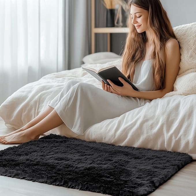 OLANLY 2x3 Machine Washable Small Bedside Rug, Soft Fluffy Shaggy Entryway Throw Rugs for Bedroom, Living Room, Indoor Floor Carpet for Kids Girls and Boys, Nursery Rooms, Home Decor Aesthetic, Black