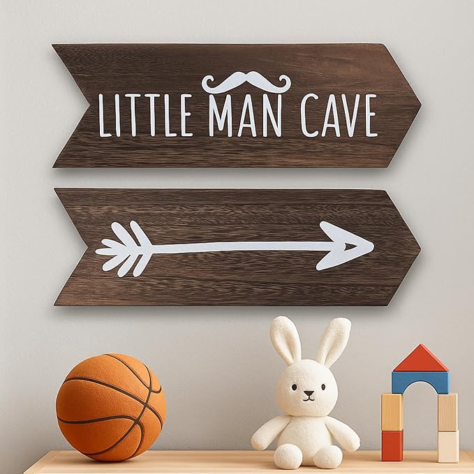 Little Man Cave Sign For Boys - 2 Pcs 14" x 5" Baby Boy Nursery Wall Decor Art for Playroom, Rustic Wooden Arrow Sign For Nursery, Cabin Room Wall Decor, Easter Gifts for Kids, Brown