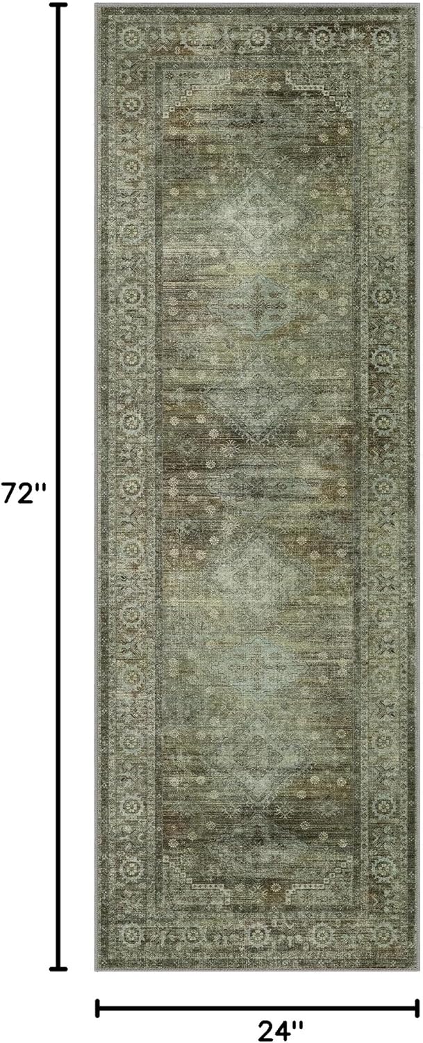 Runner Rug for Hallway Kitchen, 2x6 Machine Washable Runners Rug for Entryway, Soft Modern Boho Throw Rugs, Low Pile Floor Cover with Non Slip Backing, Distressed Light Greyish Sage Green