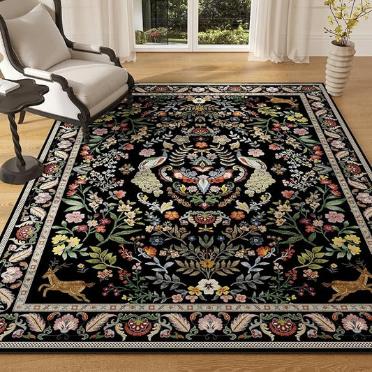 Area Rug 4x6 Rug Washable Rugs Floral Non Slip Low Pile Small Carpet for Bedroom, Bedside, Kids Room, Office, Dining Room (Vibrant Black)