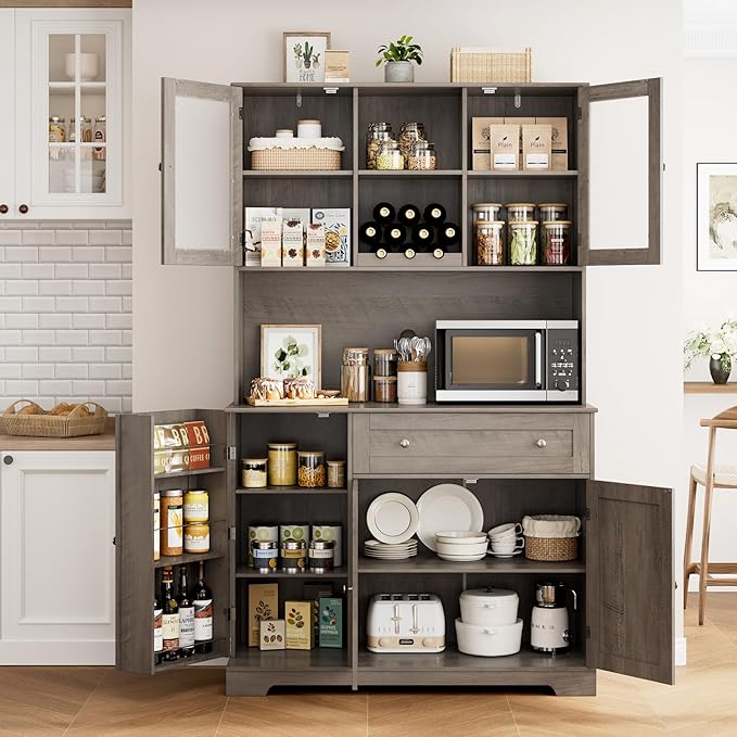 HOSTACK Kitchen Pantry Storage Cabinet with Hutch, Tall Kitchen Hutch with Microwave Stand, Food Pantry Cabinet with Doors and Shelves | Wine Rack for Dining Room, Ash Grey