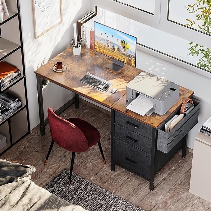 Casaottima 40-Inch Small Computer Desk with Fabric Drawers & File Cabinet, Home Office Desk with Cloth Storage Bag and Hook, Writing Study Work Table for Small Space, Vanity Desk for Bedroom, Vintage