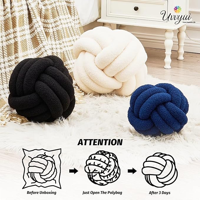 Uvvyui Knot Pillow Ball, Soft Home Decorative Pillows, Round Throw Pillow, Handmade Knotted Plush Pillow, Round Boucle Pillow Cushion (8.6 Inches Black)