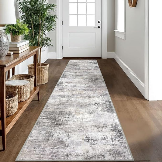 IOHOUZE Abstract Runner Rug 2x10 Ft Washable Runners for Hallways, Non Slip Kitchen Runner Printed Faux Wool Entryway Runner Indoor, Modern Abstract Floor Carpet for Hall Kitchen, Grey Beige