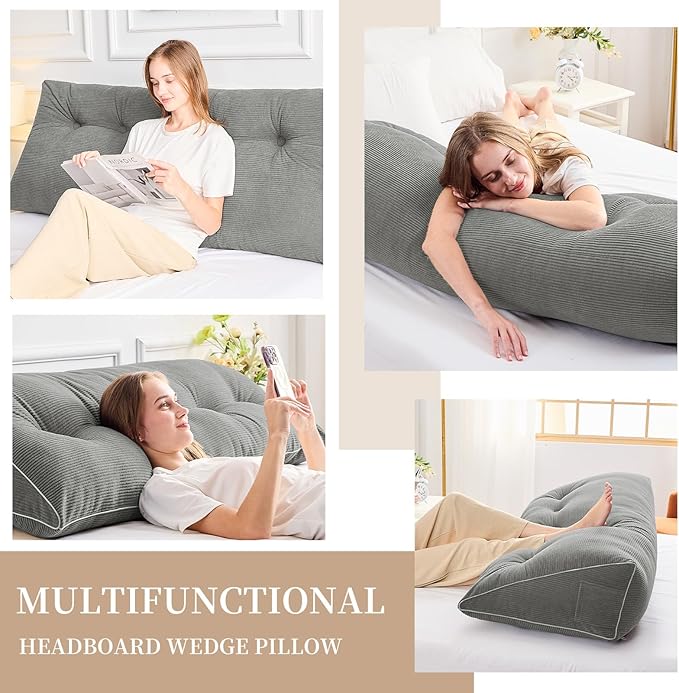 Sasttie Headboard Pillow Full, Wedge Pillow Headboard for Sitting Up in Bed, Back-Rest Support Triangular Cushion for Reading - Features Removable Washable Cover, Light Grey