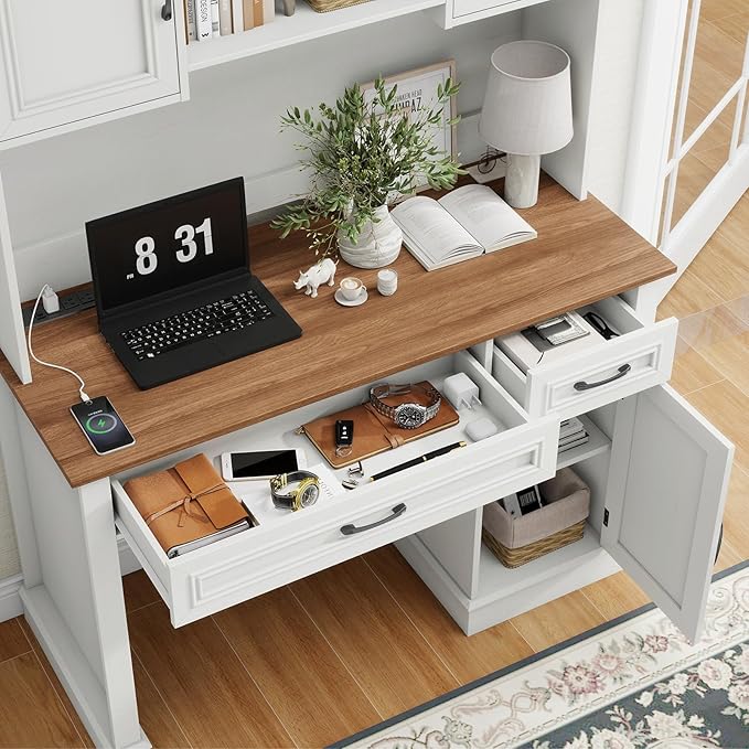 Farmhouse 47" Executive Desk with Hutch, 2 Drawers and LED Light, Computer Desk with Storage Cabinet and Charging Station,Workstation for Home Office and Study.Unique White