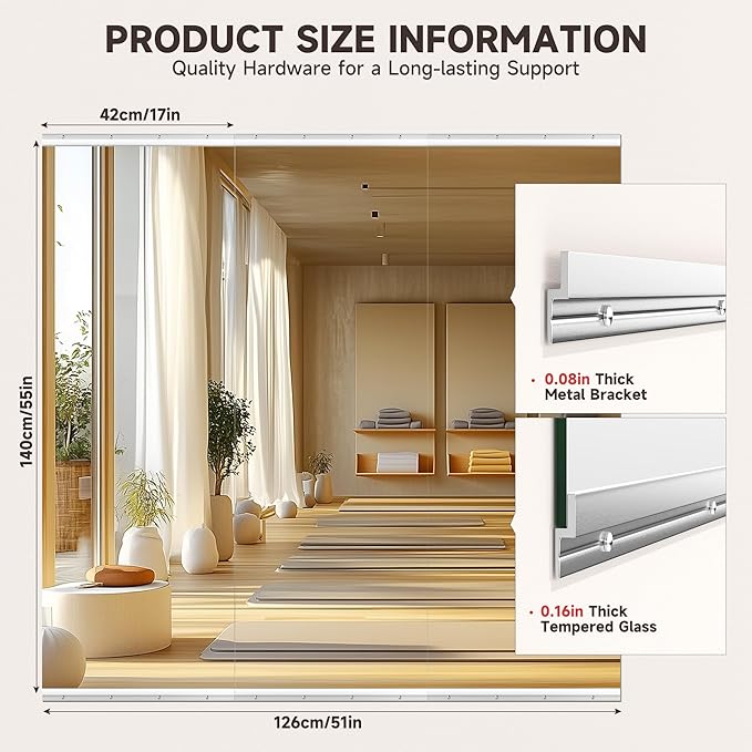 Home Gym Mirror, 55'' x 17'' x 3PCS, Large Full Body Mirror for Yoga, Frameless Tempered Glass, Wall Mounted for Home Gym, Garage, Bedroom, Bathroom