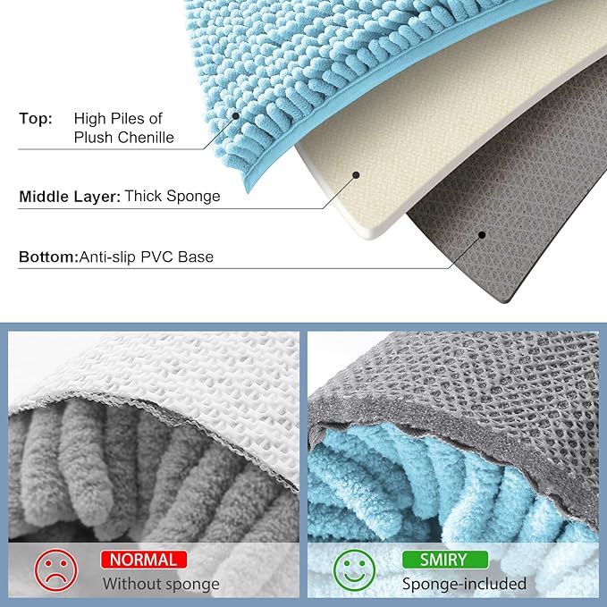 Smiry Luxury Chenille Bathroom Rugs 30x20, Extra Soft and Absorbent Shaggy Bath Mat, Machine Washable, Non-Slip Plush Carpet Runner for Tub, Shower, and Floor, Home Decor Accessories, Sky Blue