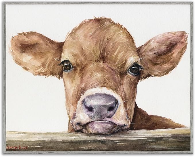 Stupell Industries Cute Baby Cow Animal Watercolor Painting Framed Giclee Art Design by George Dyachenko