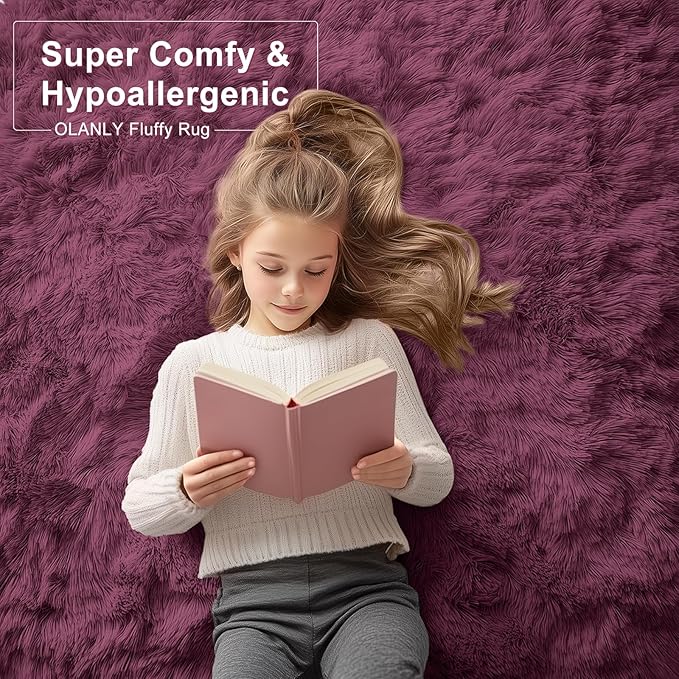 OLANLY Area Rugs for Living Room Bedroom, Machine Washable 4x5.9 ft Soft Fluffy Shaggy Bedside Rug, Indoor Floor Carpet for Kids Girls and Boys, Dorms, Nursery Rooms, Home Decor Aesthetic, Burgundy