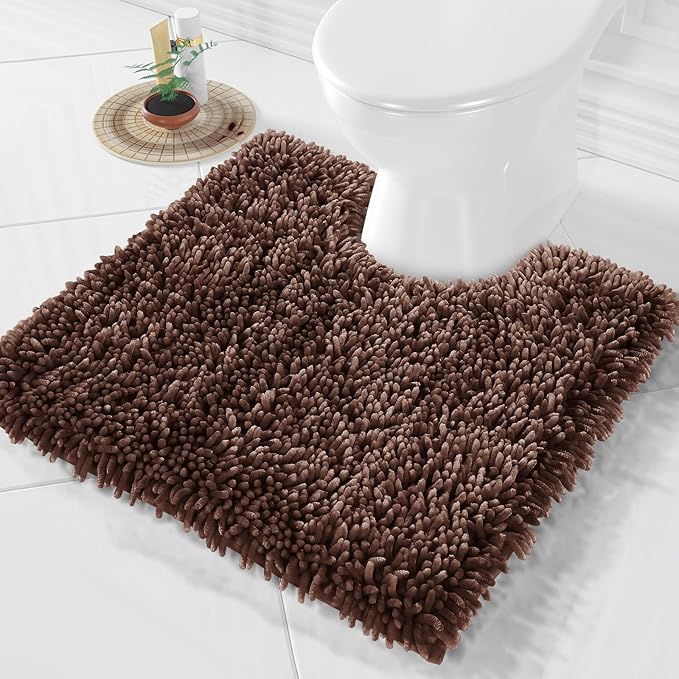 Yimobra Toilet Rugs U Shaped Washable, Extra Thick Soft Absorbent Chenille Contour Bathroom Rugs for Toilet 24x24 Inch, Quick Dry Non Slip Toilet Mat for Bath Floor, Brown