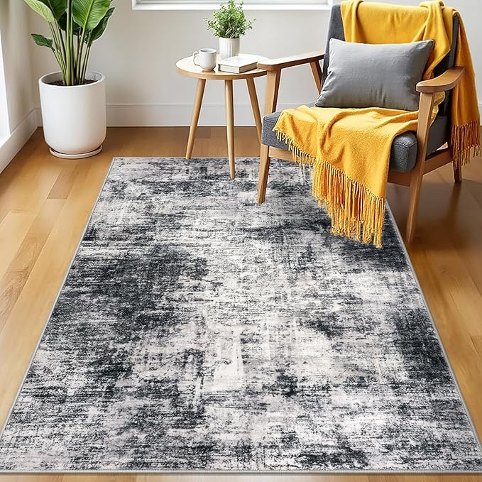 IOHOUZE Abstract Area Rug 3x5 Ft Washable Rugs for Entryway Indoor, Non Slip Kitchen Rug Printed Faux Wool Throw Rugs, Indoor Door Mat for Door Entrance Foyer Living Room, Black Grey