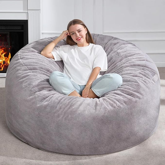 Hobestluk 5ft Bean Bag Chairs for Adults Large Beanbag Chair with Plush Faux Fur Cover Big Bean Bag Chair for Living Room Bedroom Dorm Office - Grey (50” x 50” x 24”)