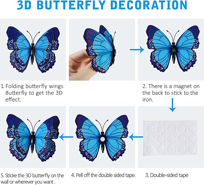 12PCS Butterfly Wall Decals Removable 3D Blue Butterflies Sticker with Magnets for Home Bedroom Kids Room Decor (Double Layer-Blue/12PCS)