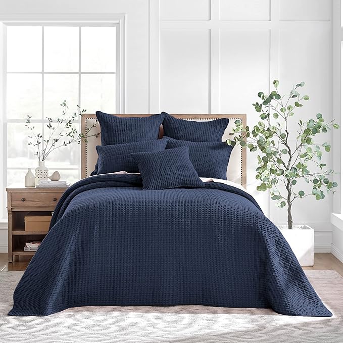 Levtex Home Mills Waffle Twin Bedspread Set (84x104in) with 1 Pillow Sham (26x20in) - Navy - 100% Cotton Twin Size Bedspread Set - Lightweight, Soft, Pre-Washed