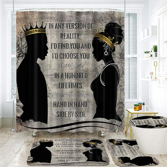 4 Pcs King Queen Couple Shower Curtain Set, Black Man Women Bathroom Sets with Shower Curtains and Rugs Toilet Lid Cover Bath Mat, Romantic Words Waterproof Fabric Bathroom Decor