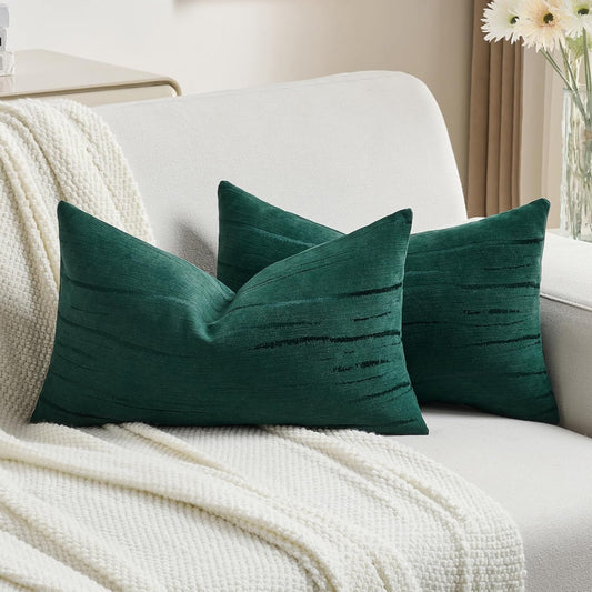 FUTEI Dark Green Chenille Decorative Throw Pillow Covers 12x20 Inch Set of 2,Soft Embossed Striped Textured Lumbar Pillow Cases,Modern Home Decor for Couch Bed Living Room