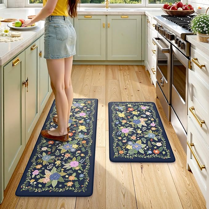 KIMODE Anti Fatigue Kitchen Mats for Floor, Farmhouse Rugs for Kitchen Floor, Cushioned Kitchen Floor Mat Non Slip, Comfort Standing Mat for Laundry Office Sink Desk Blue 17"x47"+17"x29"