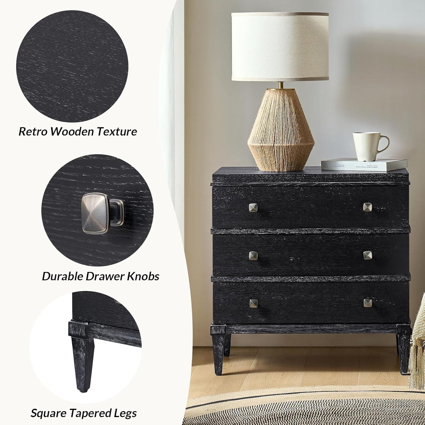 HULALA HOME 3-Drawer Nightstand with Charge Station, Farmhouse Nightstand with Solid Wood Legs(Black)